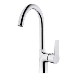 "Sleek chrome-finished faucet with a modern design, providing efficient water flow and easy-to-use single handle."