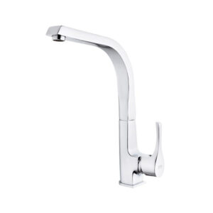 "Sleek chrome-finished faucet with a modern design, providing efficient water flow and easy-to-use single handle."