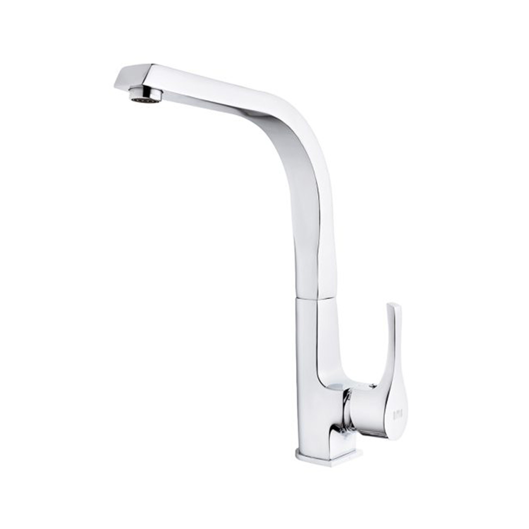 "Sleek chrome-finished faucet with a modern design, providing efficient water flow and easy-to-use single handle."