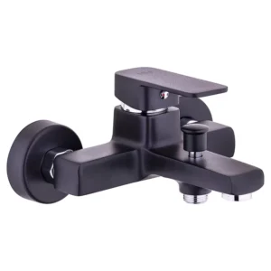 Contemporary black bathroom faucet with a sleek design and matte finish.