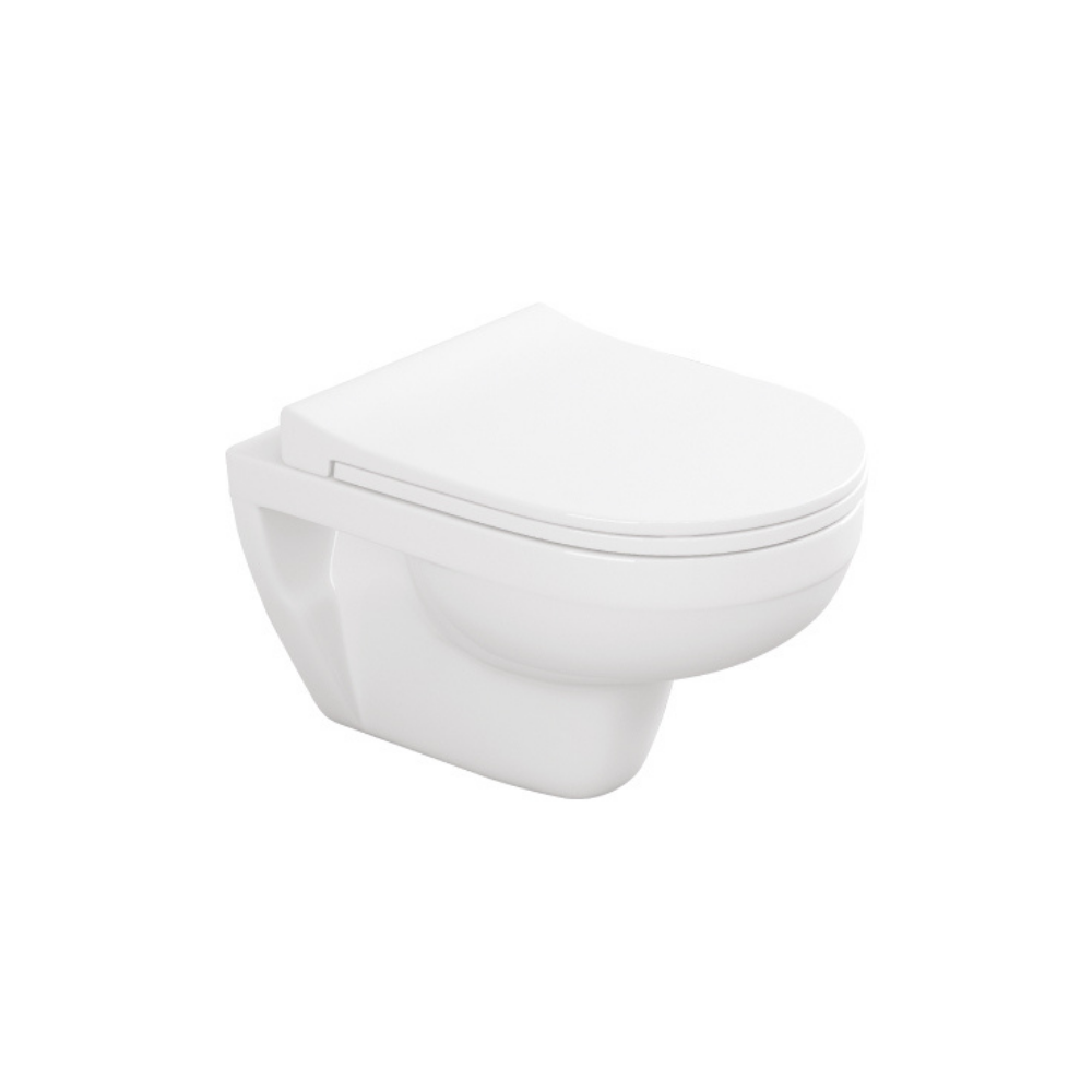 "Modern white ceramic toilet with a dual-flush system for water efficiency and an elongated seat for added comfort."