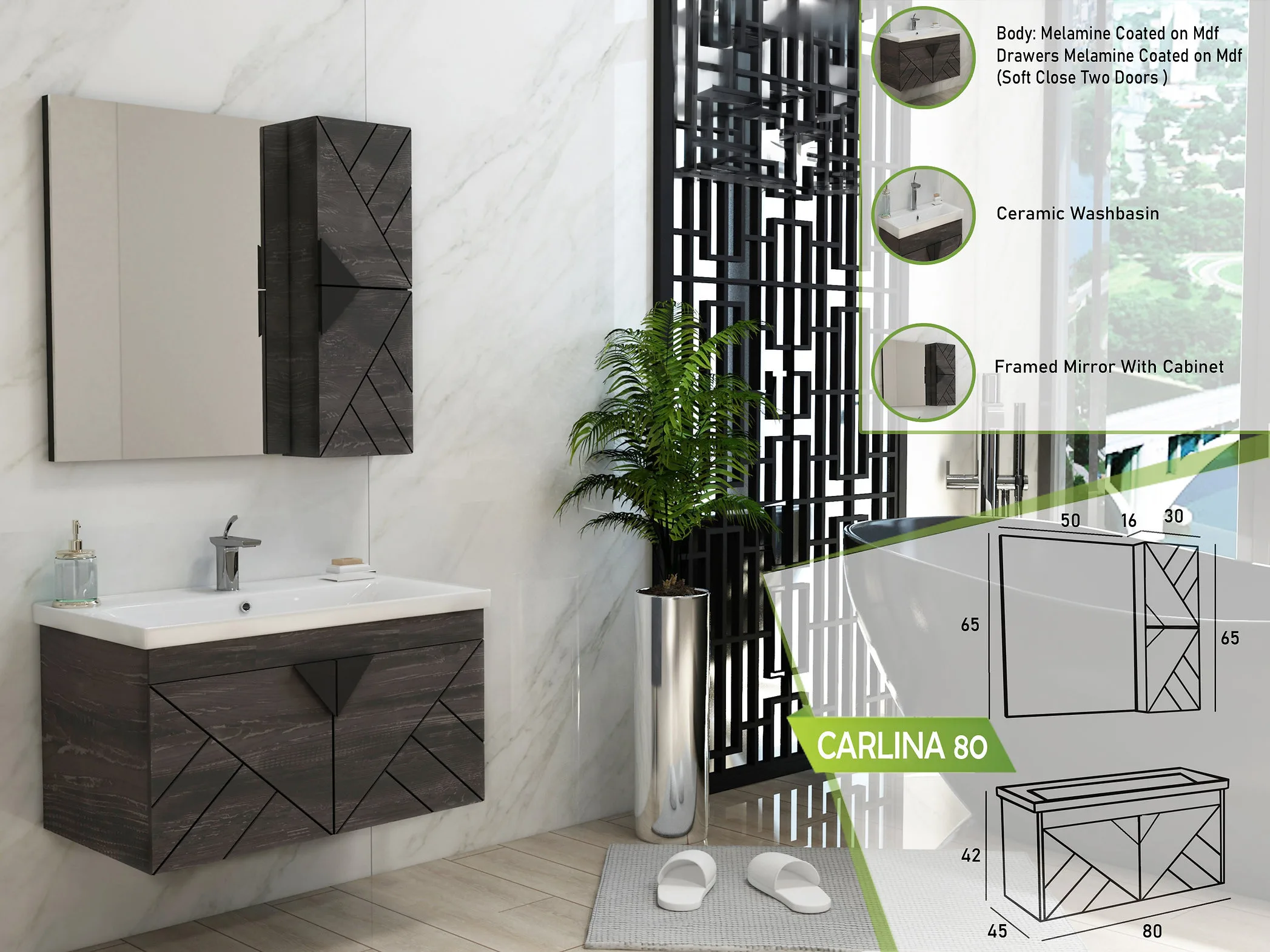 Carlina 80 modern bathroom vanity set with black geometric patterns, a ceramic basin, and a mirror cabinet.