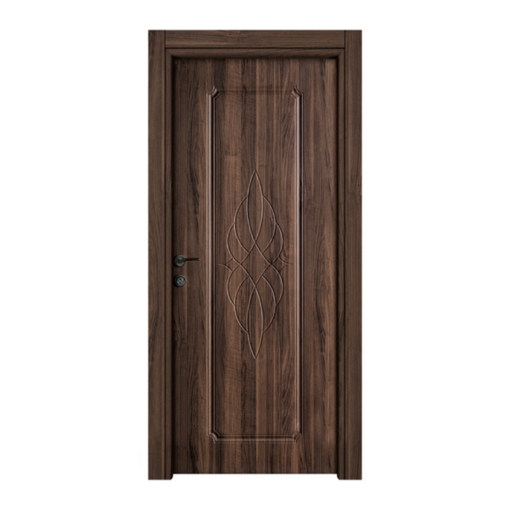 Stylish Mardin interior door with dark wood finish and central ornamental carving.