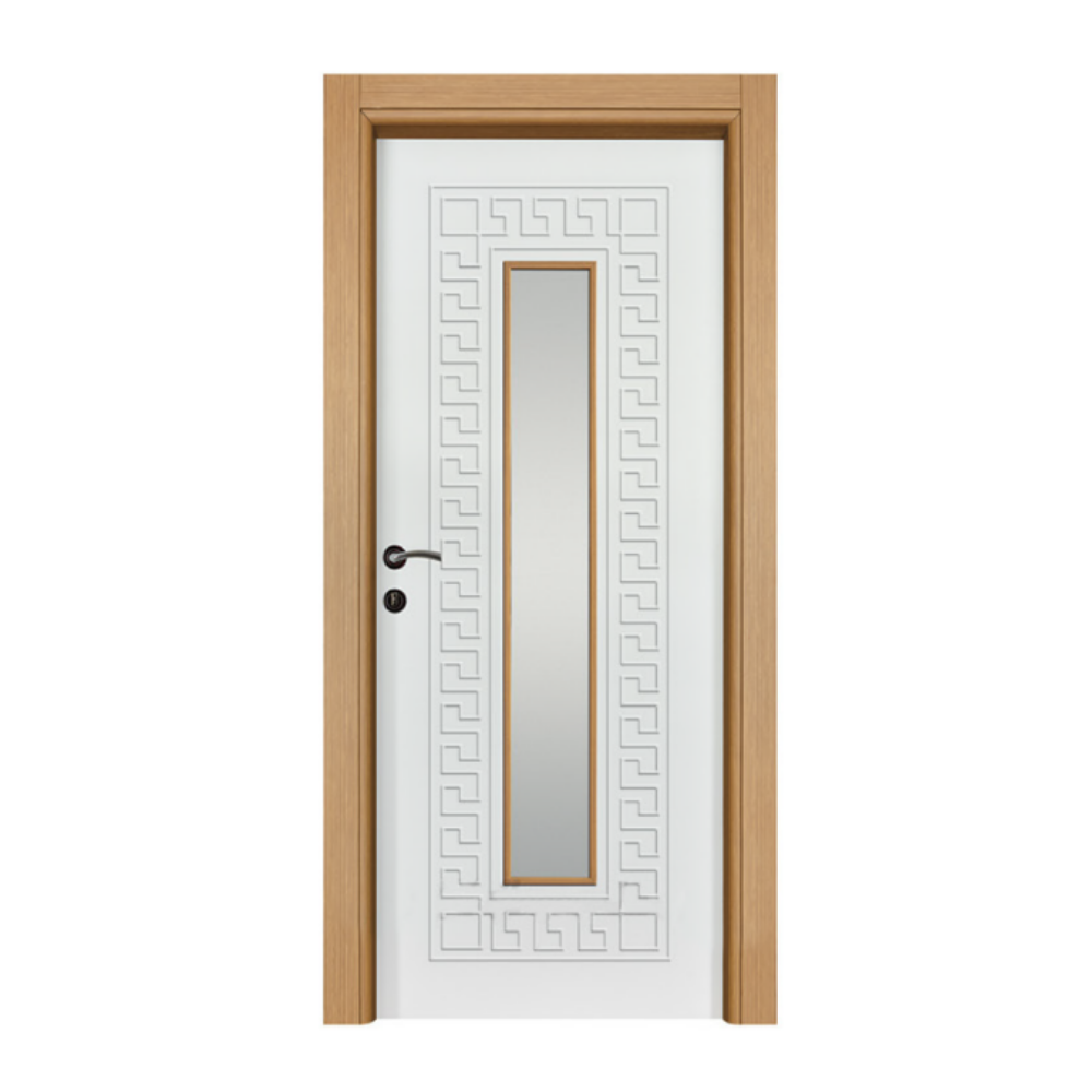 Elegant interior door with glass panel and ornate geometric patterns framed by light wooden finish.