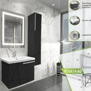 Renata 60 bathroom vanity set featuring a melamine coated black finish, a ceramic basin, and a backlit mirror.