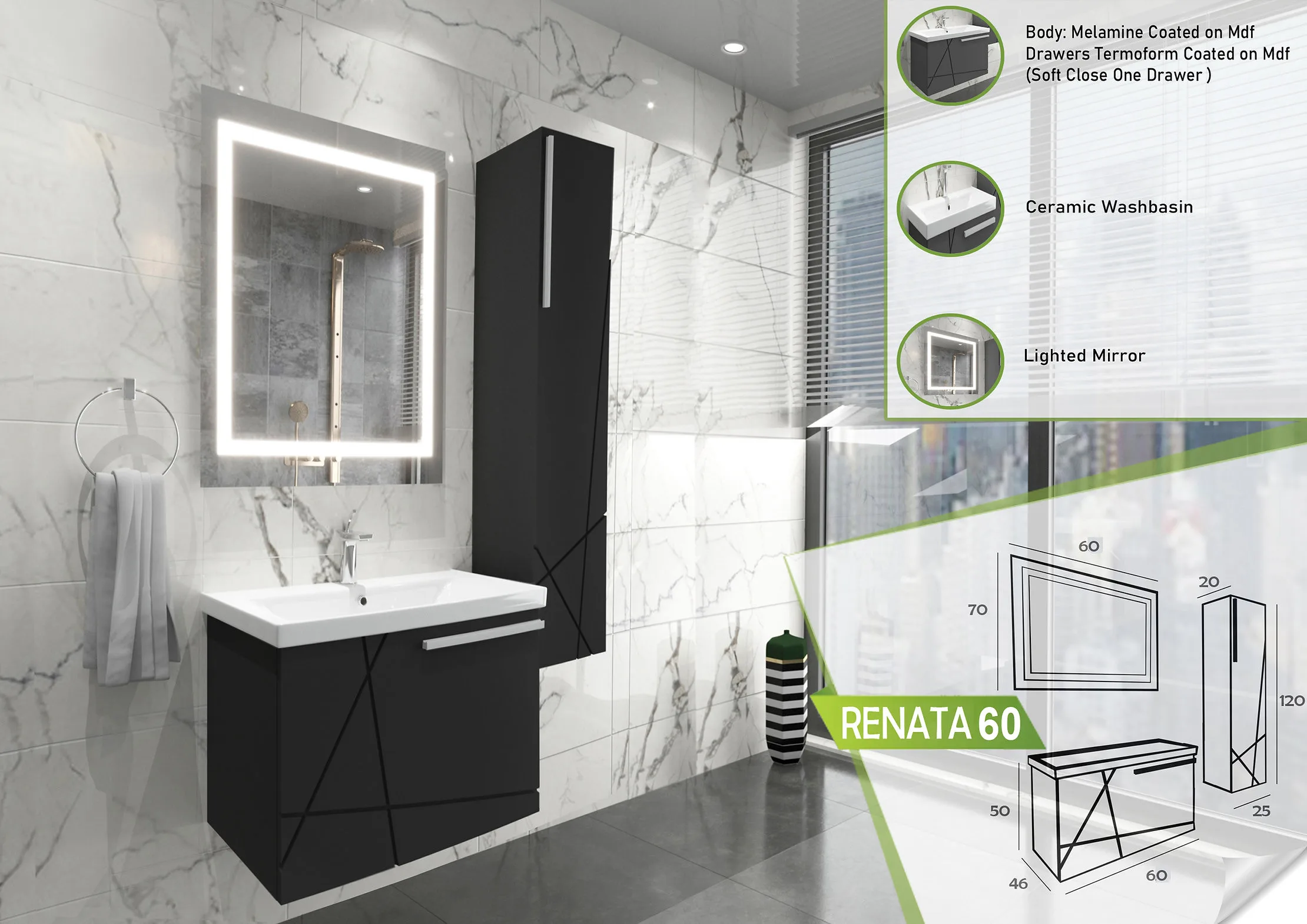 Renata 60 bathroom vanity set featuring a melamine coated black finish, a ceramic basin, and a backlit mirror.