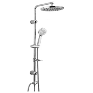 Modern showerhead and shower set with adjustable spray settings.