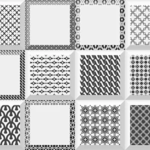 Collection of patterned ceramic tiles in earthy beige tones