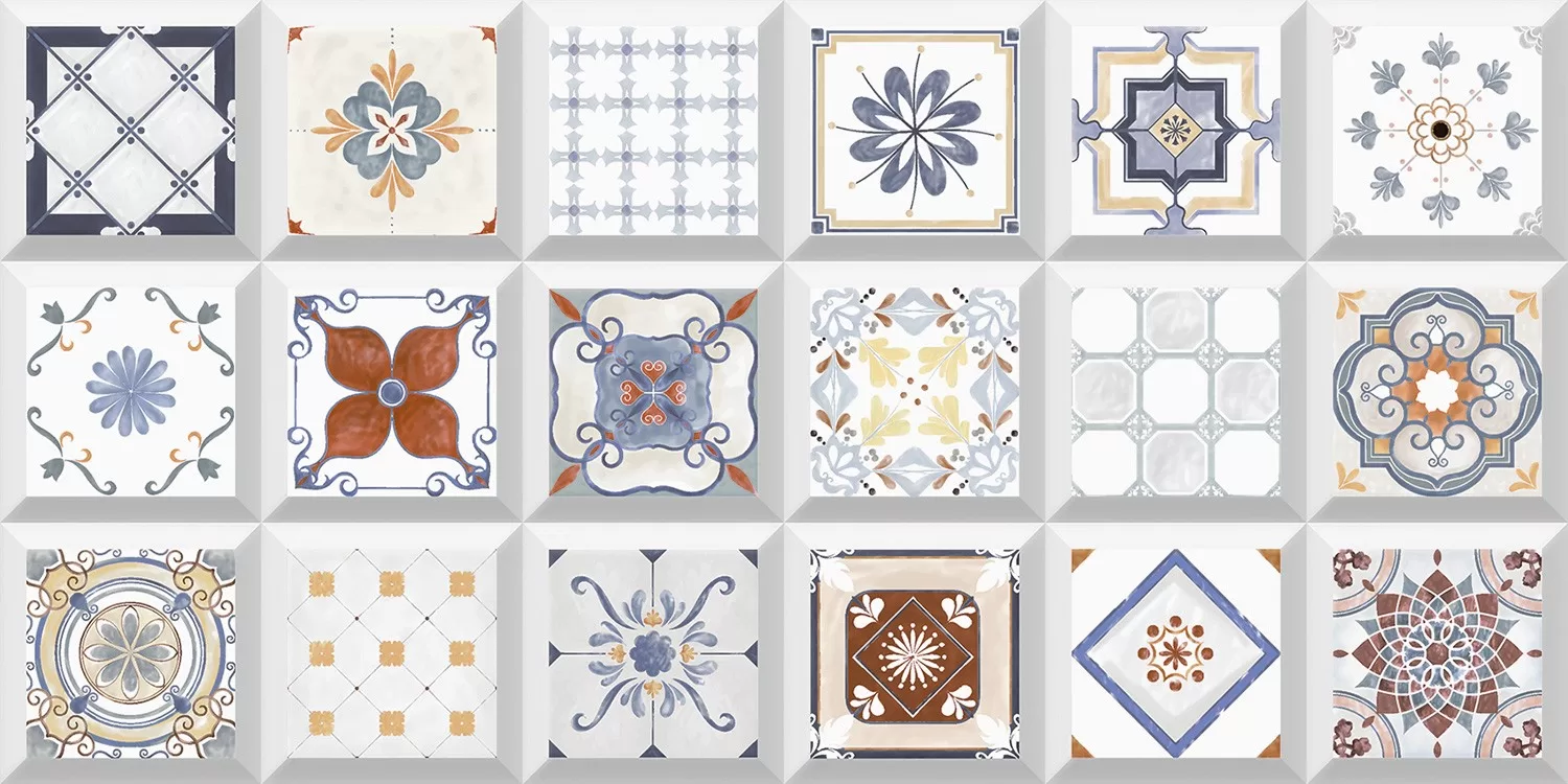 Collection of patterned ceramic tiles in earthy beige tones