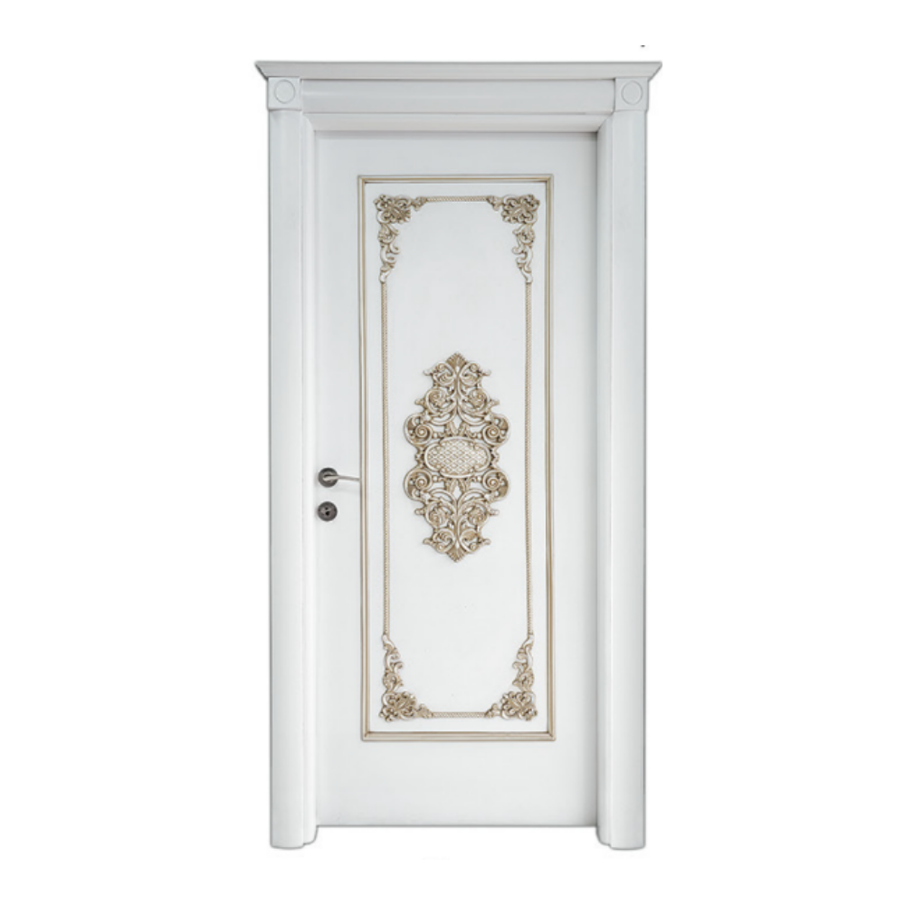 Elegant white interior door with intricate golden inlay design and arched glass panel, model Hurrem Lake.