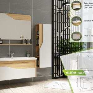 Modern Aura 100 vanity set featuring a smooth melamine coat, wood details, soft-close drawer, sleek ceramic basin, and a distinctive framed mirror.