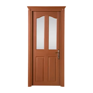Elegant wooden four-panel interior door with glass-top design, finished in a warm chestnut color, offering a blend of privacy and light.