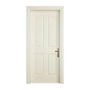 Timeless four-panel upper lattice interior door in an off-white hue, featuring a sophisticated design with detailed paneling.