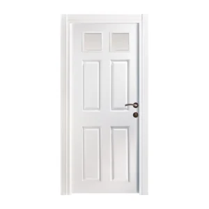Elegant white six-paneled glass interior door showcasing a sleek, modern design with clear glass upper panels.