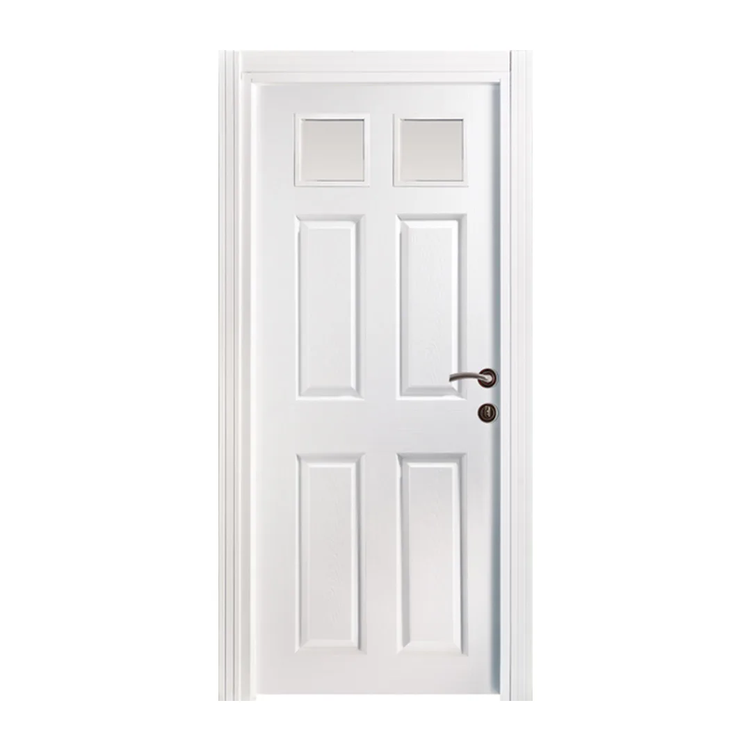 Elegant white six-paneled glass interior door showcasing a sleek, modern design with clear glass upper panels.