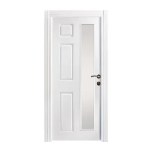 Elegant white interior door featuring a distinctive elevator panel design, offering a blend of sophistication and minimalist charm.