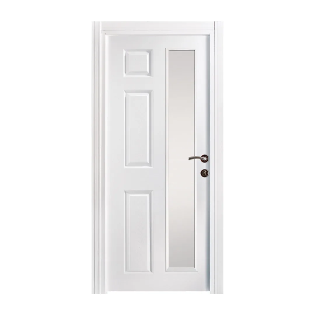 Elegant white interior door featuring a distinctive elevator panel design, offering a blend of sophistication and minimalist charm.