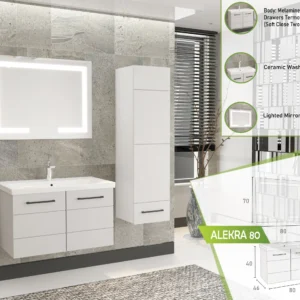 Sleek white Alekra 80 bathroom vanity set with lighted mirror and ceramic washbasin.