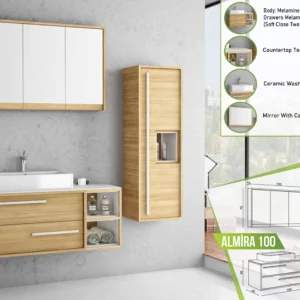 "Modern ALMIRA 100 bathroom vanity set with melamine-coated cabinets, ceramic washbasin, and mirror with cabinet.