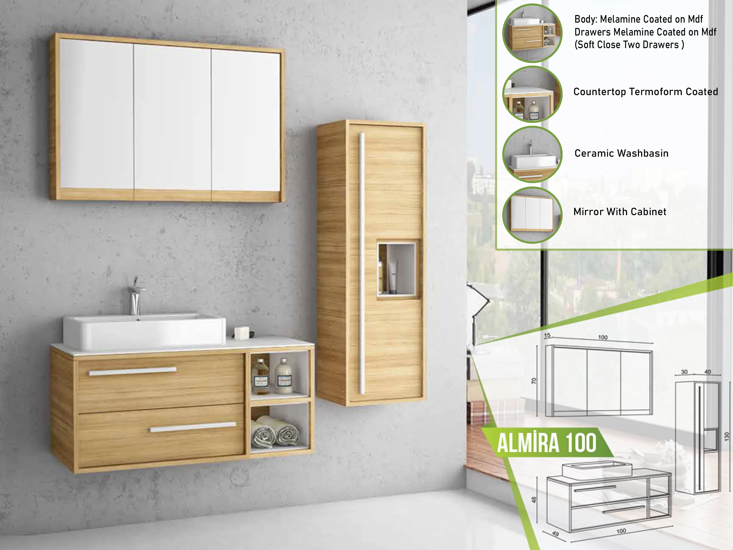 "Modern ALMIRA 100 bathroom vanity set with melamine-coated cabinets, ceramic washbasin, and mirror with cabinet.
