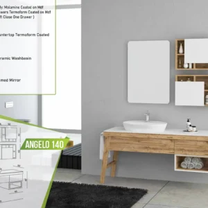 Natural wood Angelo 140 vanity with a ceramic basin and a simple framed mirror, accompanied by wooden shelves.