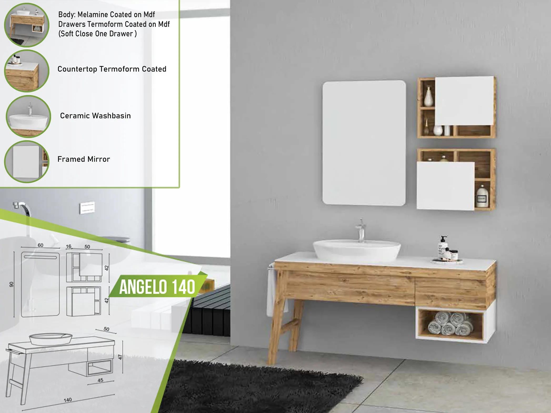 Natural wood Angelo 140 vanity with a ceramic basin and a simple framed mirror, accompanied by wooden shelves.