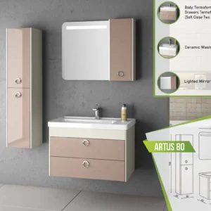Wall-mounted taupe bathroom vanity with two soft-close drawers and thermoform-coated MDF, next to a ceramic washbasin and a lighted mirror with an integrated cabinet.