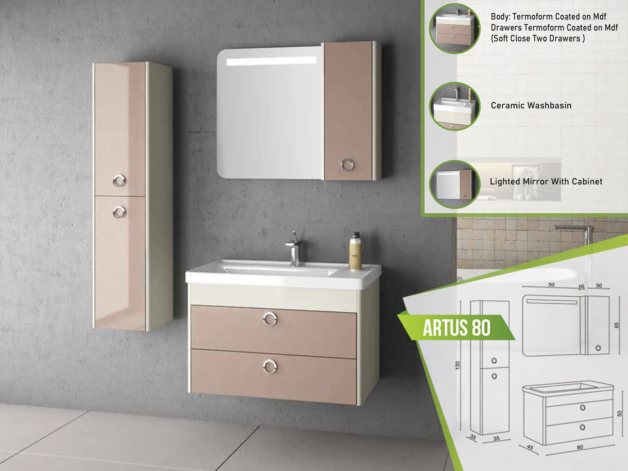 Wall-mounted taupe bathroom vanity with two soft-close drawers and thermoform-coated MDF, next to a ceramic washbasin and a lighted mirror with an integrated cabinet.