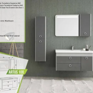 Modern Artus 100 gray bathroom vanity set with two drawers and one door, ceramic washbasin, and a lighted mirror with an attached side cabinet.