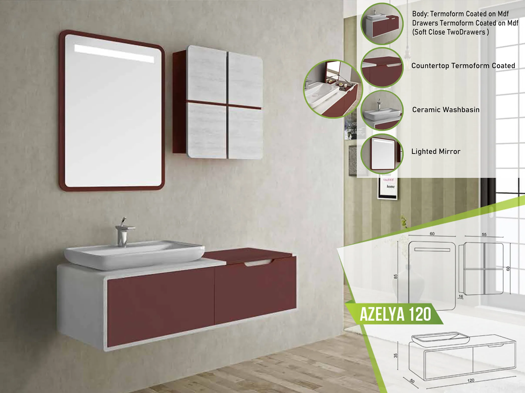Azelya 120 wall-mounted vanity in maroon and white with soft-close drawers, a white ceramic basin, and a matching framed lighted mirror.