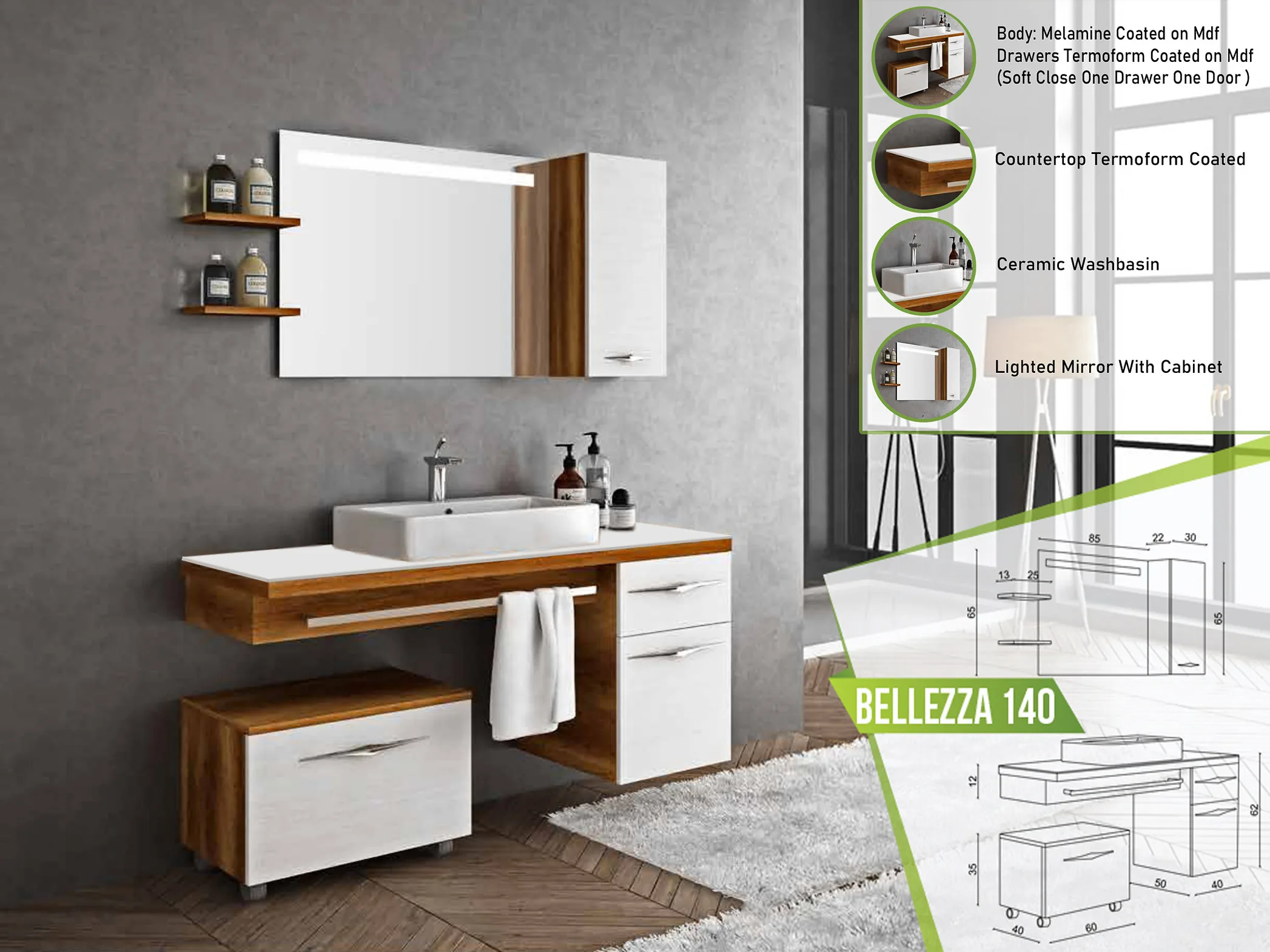 Elegant Bellezza 140 bathroom vanity set with melamine-coated MDF, termoform countertops, a rectangular ceramic washbasin, and a lighted mirror cabinet.