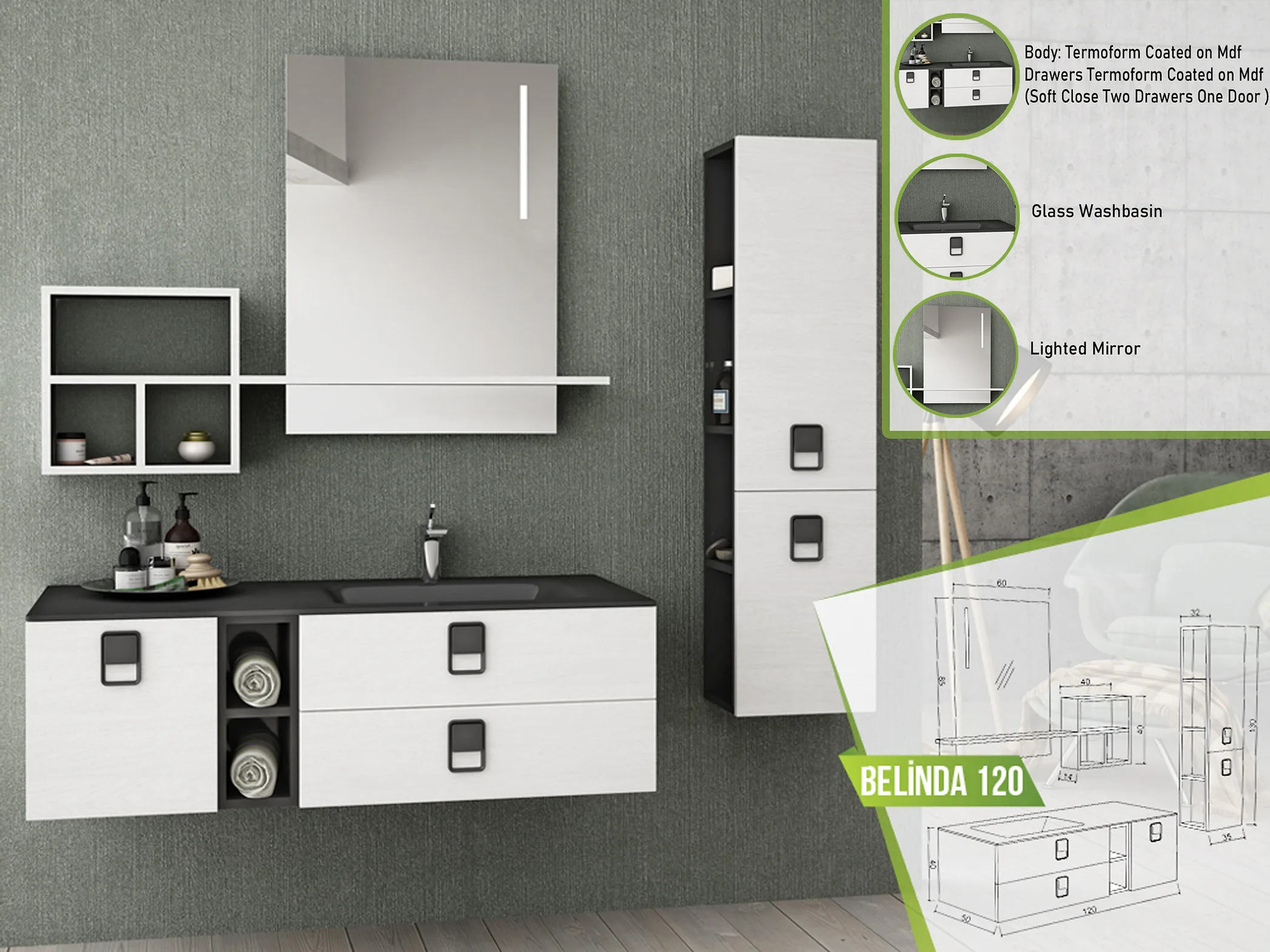 Wall-mounted Belinda 120 bathroom vanity in black and white with a glass washbasin and a horizontal lighted mirror.