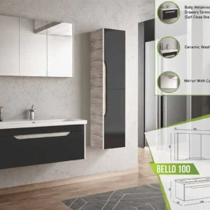 Sleek Bello 100 bathroom vanity with melamine-coated body, soft-close termoform drawer, ceramic washbasin, and mirrored cabinet.