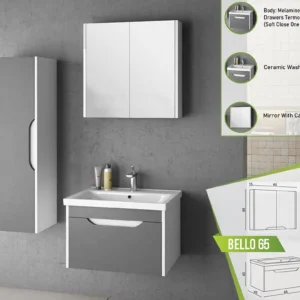 Modern Bello 65 bathroom vanity set featuring a melamine-coated MDF body, soft-close drawers, a ceramic washbasin, and a mirrored cabinet.