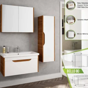 Modern Bello 80 bathroom vanity with sleek white and wooden finish, ceramic washbasin, and mirror with a wooden cabinet.