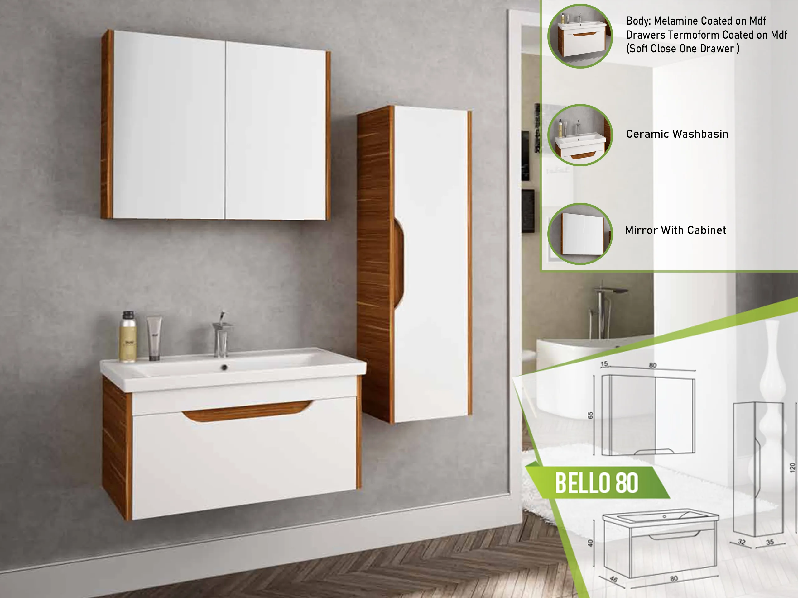 Modern Bello 80 bathroom vanity with sleek white and wooden finish, ceramic washbasin, and mirror with a wooden cabinet.