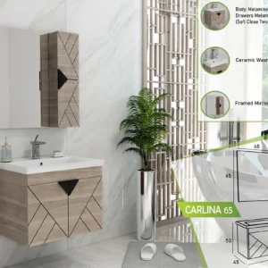 Modern bathroom vanity setup from the Carlina 65 collection, featuring a sleek design with geometric patterns.
