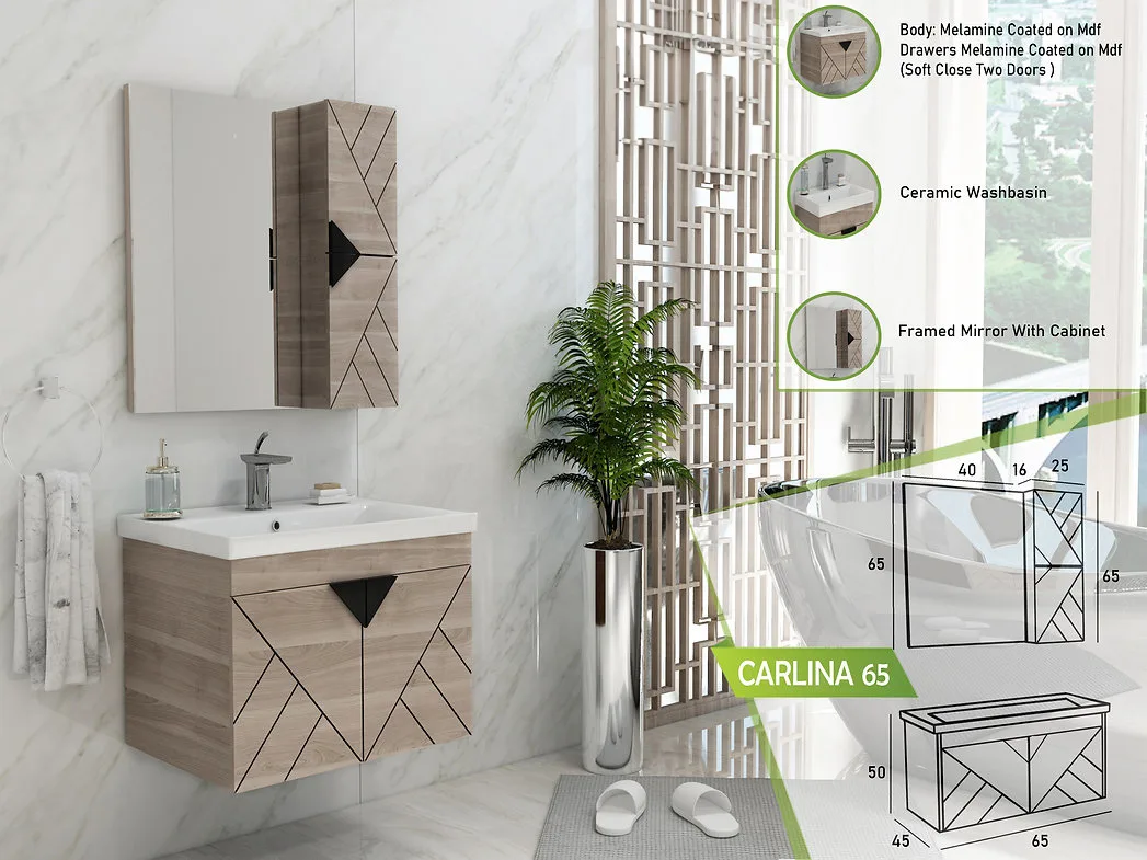 Modern bathroom vanity setup from the Carlina 65 collection, featuring a sleek design with geometric patterns.