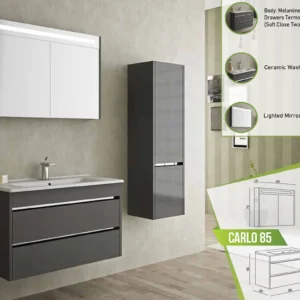 Sophisticated Carlo 85 bathroom vanity with melamine finish, dual soft-close drawers, a ceramic basin, and a lighted mirror cabinet.
