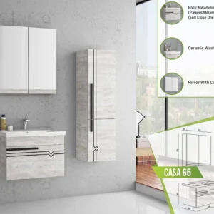 Contemporary Casa 65 bathroom set with melamine finish, soft-close drawers, ceramic basin, and a mirrored cabinet.