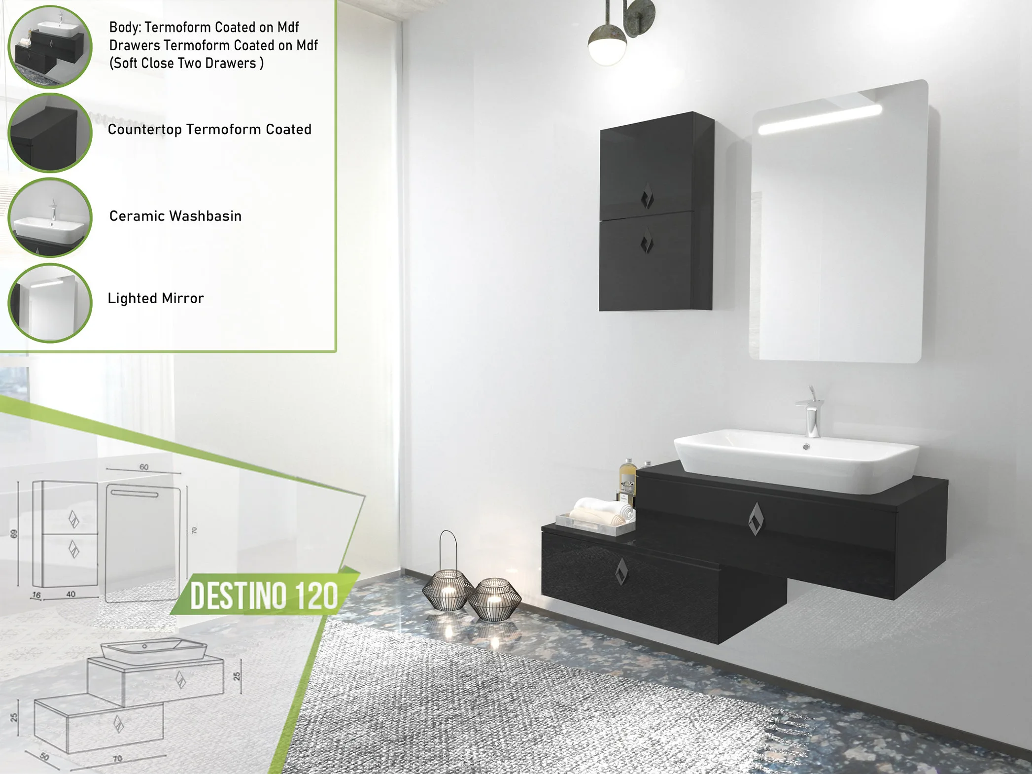 Black wall-mounted Destino 120 vanity with soft-close drawers and a white ceramic basin, accompanied by a lighted mirror.