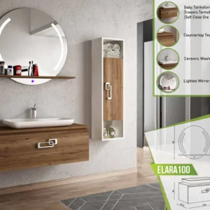 Natural wood-finish Elara 100 vanity with a ceramic basin and a round lighted mirror with an integrated shelf.