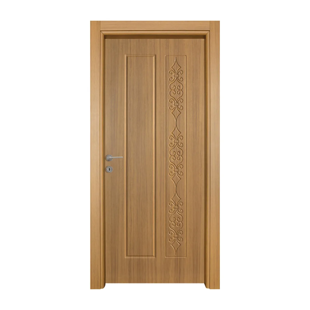 A warm-toned wooden door showcasing a vertical, ornamental ironwork-inspired design, marrying classic craftsmanship with modern style.