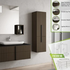 Wall-mounted dark wood Freddo 90 vanity with white ceramic basin and a rectangular lighted mirror.