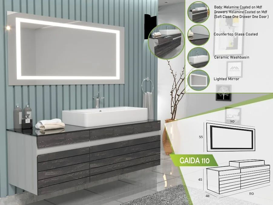 Modern bathroom vanity setup with GAIDA 110, featuring a sleek ceramic washbasin, melamine coated drawers on MDF, a countertop with glass coating, and a lighted mirror against a textured blue wall.