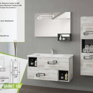 Garnet 100 bathroom set with weathered wood finish, ceramic washbasin, and a sleek lighted mirror.