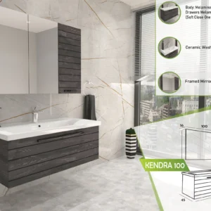 Kendra 100 contemporary bathroom vanity in dark wood finish with a ceramic basin and framed mirror cabinet.