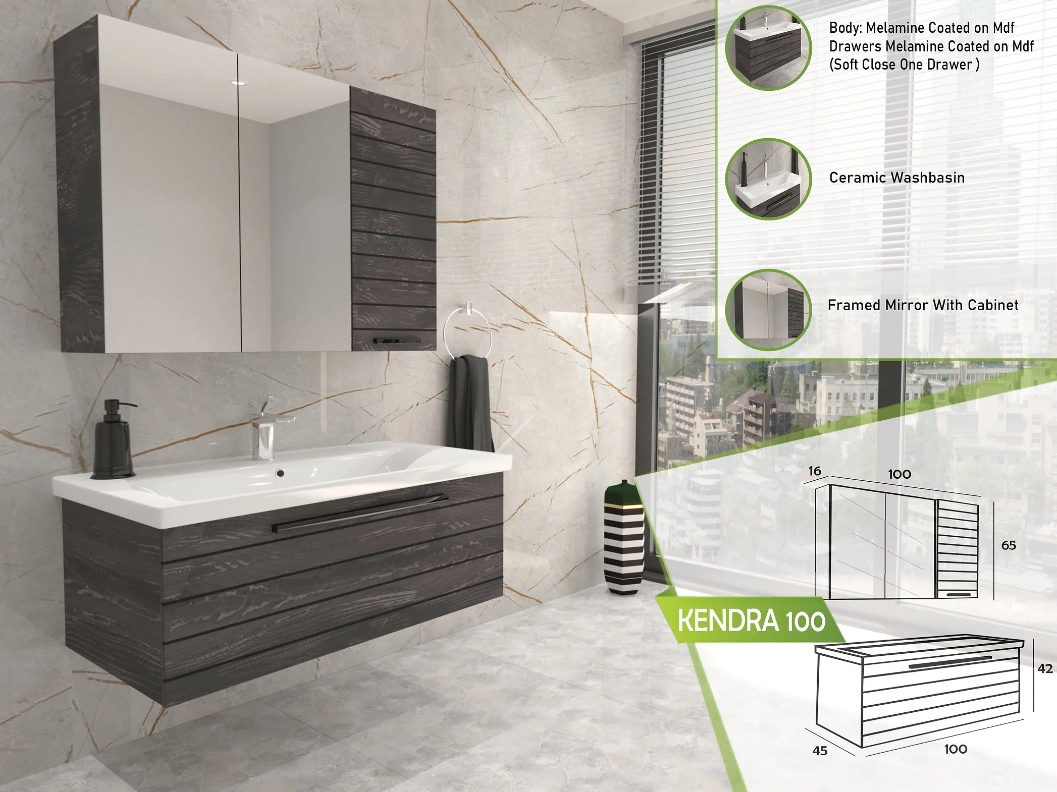 Kendra 100 contemporary bathroom vanity in dark wood finish with a ceramic basin and framed mirror cabinet.