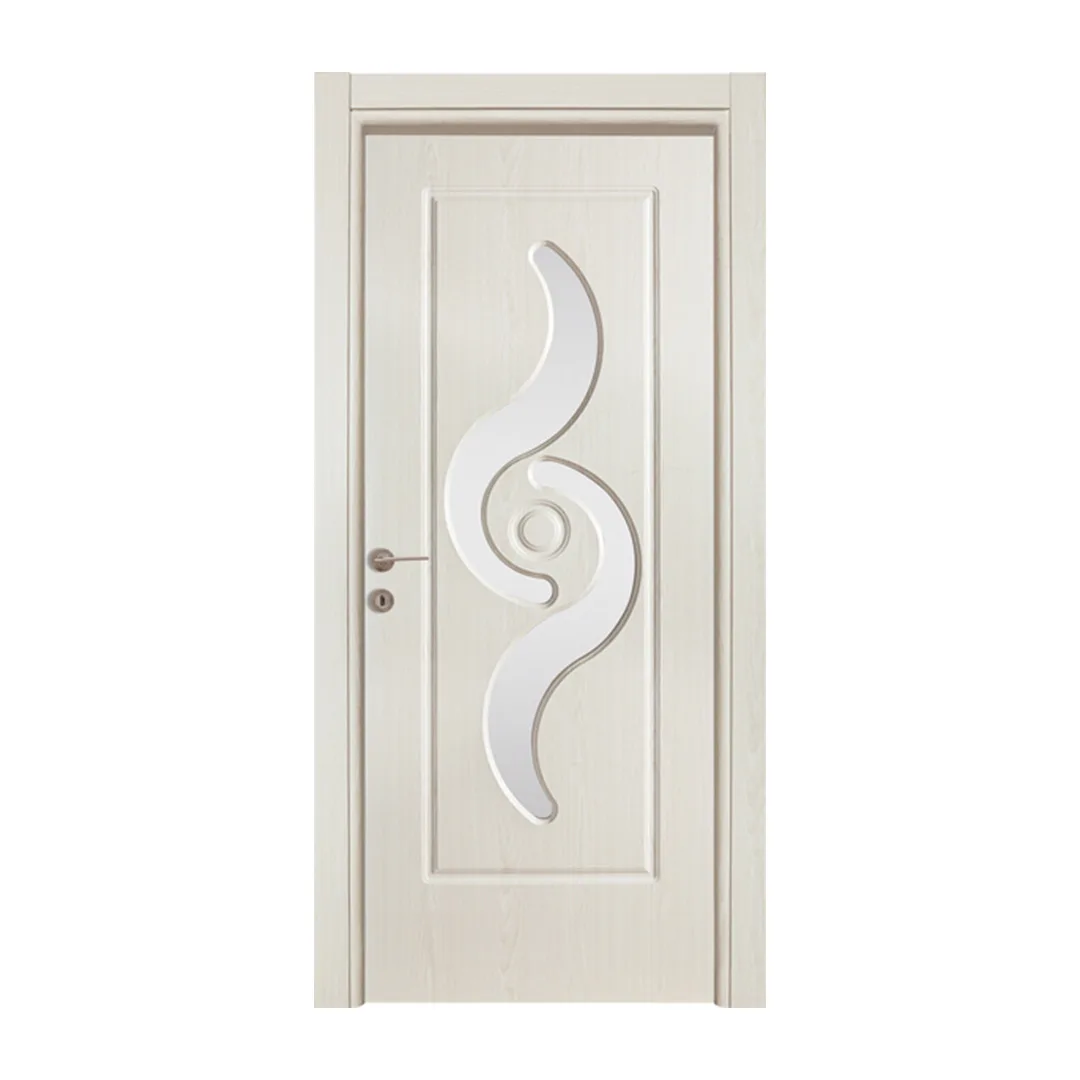 An interior door in a light wooden finish with an artistic, glass cut-out design resembling a bird in flight.