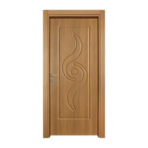 A warm-toned wooden door featuring a flowing, carved design that mirrors musical notes.